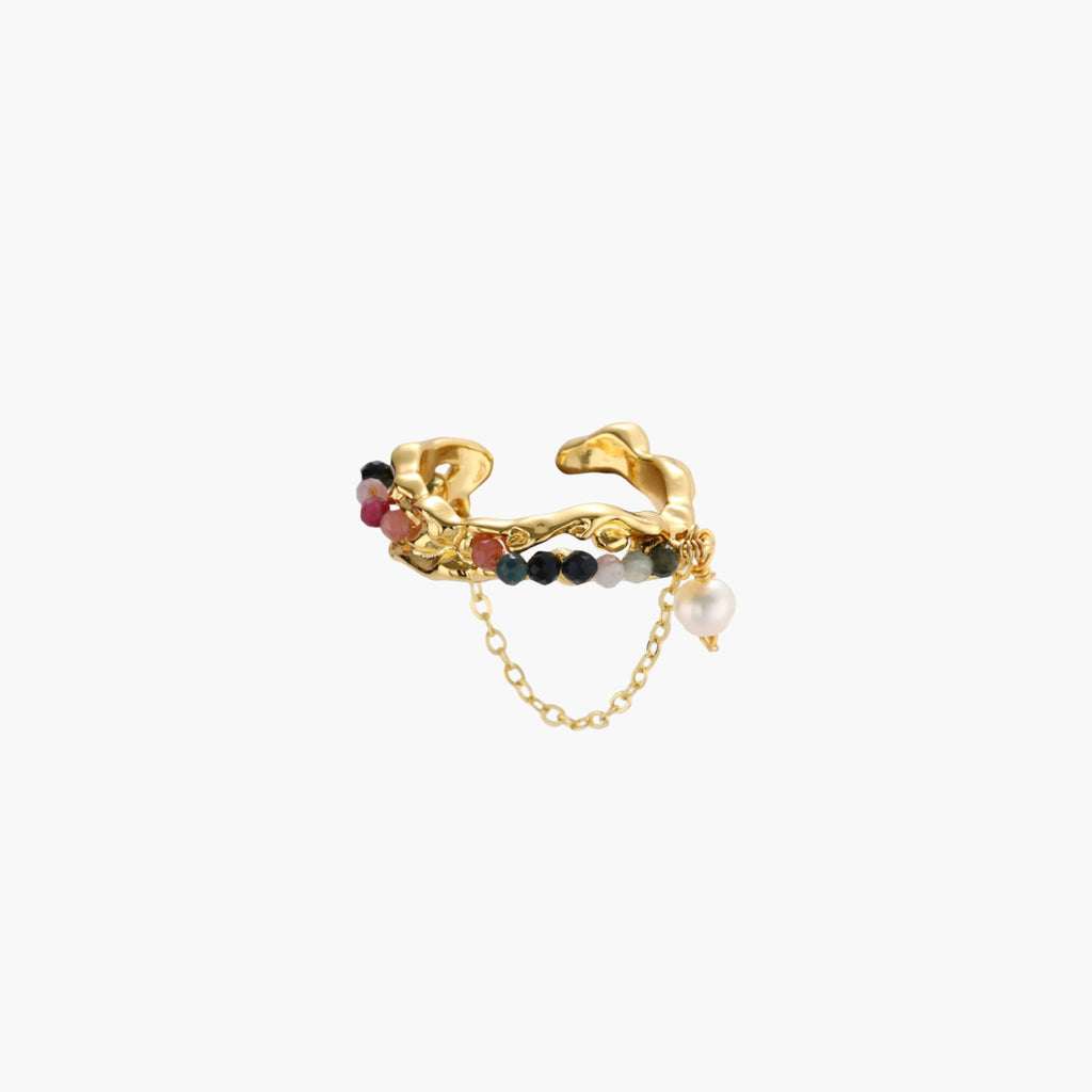 Gold sculptural cuff ring with multicolored tourmaline beads and baroque pearl drop on delicate chain