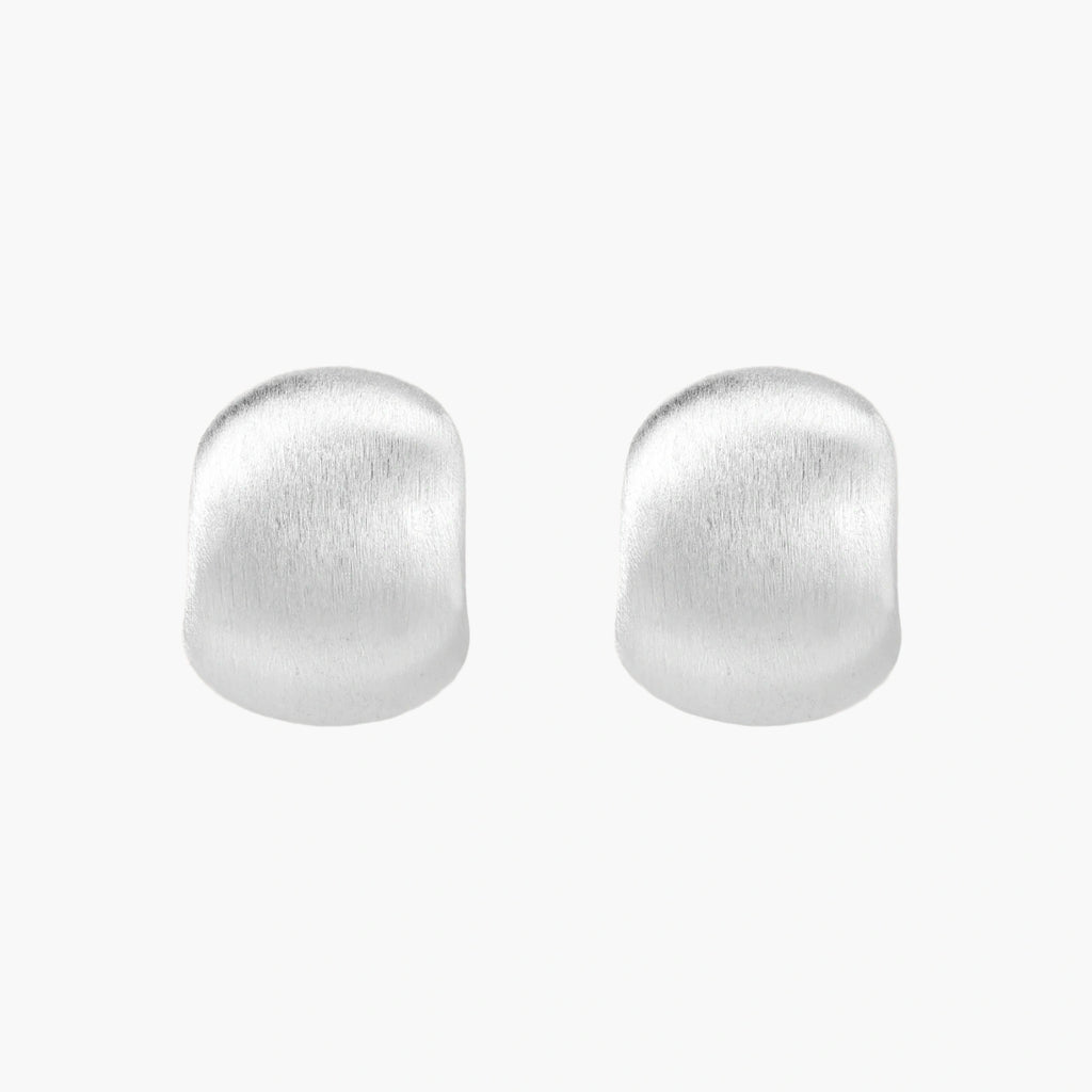 Brushed sterling silver cushion-shaped stud earrings with matte finish on white background