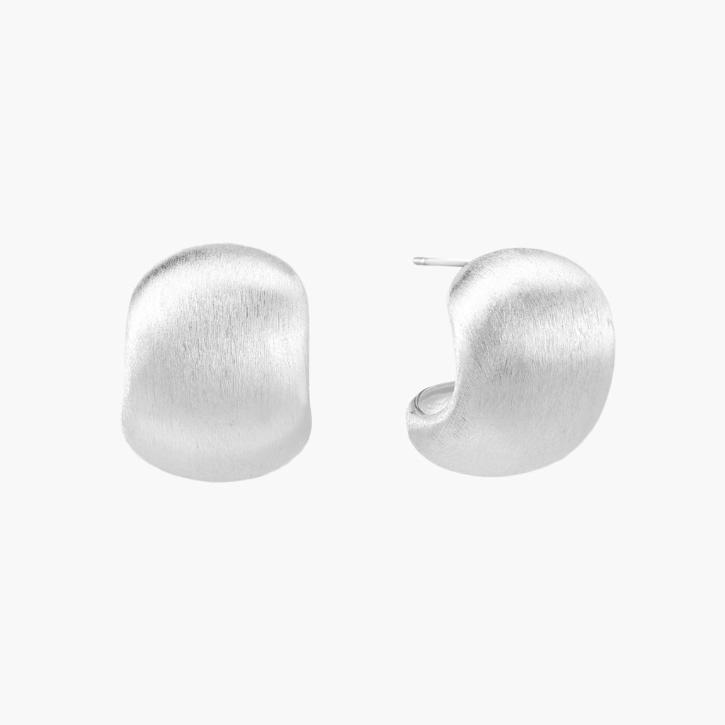 Brushed sterling silver cushion-shaped stud earrings with matte finish on white background